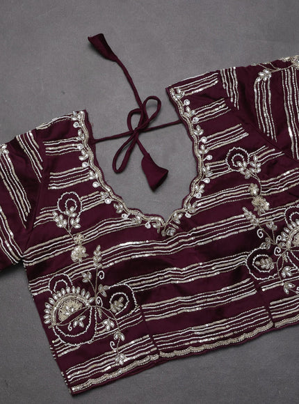 Satin organza saree wine shade with sequin & beaded work and sequin work readymade blouse