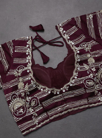 Satin organza saree wine shade with sequin & beaded work and sequin work readymade blouse