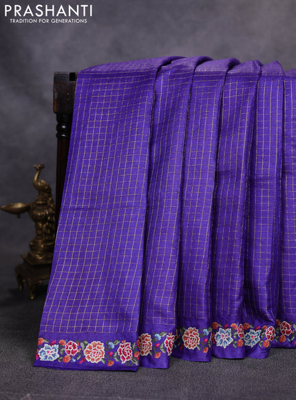 Pure tussar saree royal blue with allover zari woven checked pattern and convent embroidery border