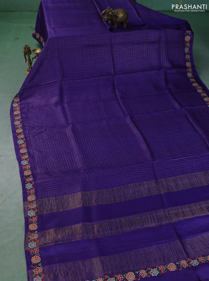 Pure tussar saree royal blue with allover zari woven checked pattern and convent embroidery border