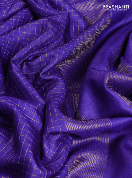 Pure tussar saree royal blue with allover zari woven checked pattern and convent embroidery border