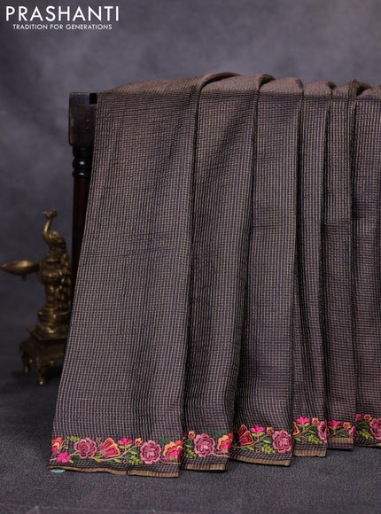 Pure tussar saree black with allover small zari woven checked pattern and embroidery border