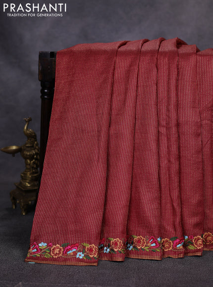 Pure tussar saree maroon with allover small zari woven checked pattern and embroidery border