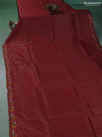 Pure tussar saree maroon with allover small zari woven checked pattern and embroidery border