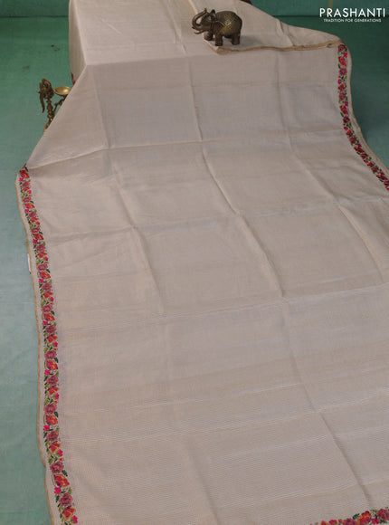 Pure tussar saree off white with allover small zari woven checked pattern and embroidery border