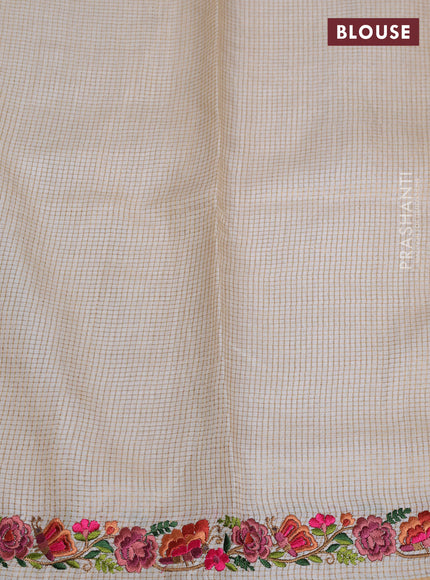 Pure tussar saree off white with allover small zari woven checked pattern and embroidery border
