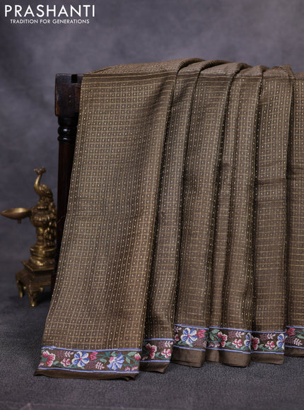 Pure tussar saree coffee brown with allover zari checks & buttas an d floral embroidery border