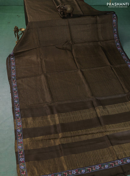 Pure tussar saree coffee brown with allover zari checks & buttas an d floral embroidery border
