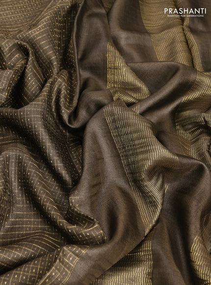 Pure tussar saree coffee brown with allover zari checks & buttas an d floral embroidery border