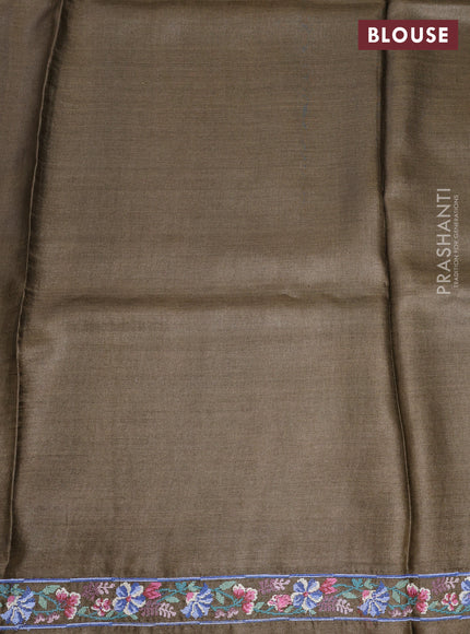 Pure tussar saree coffee brown with allover zari checks & buttas an d floral embroidery border