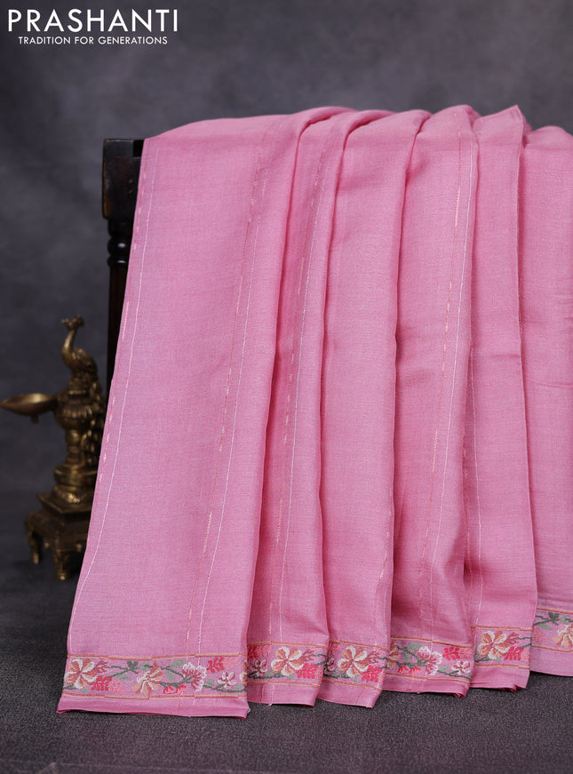 Pure tussar saree light pink with stripe pattern an d floral embroidery border