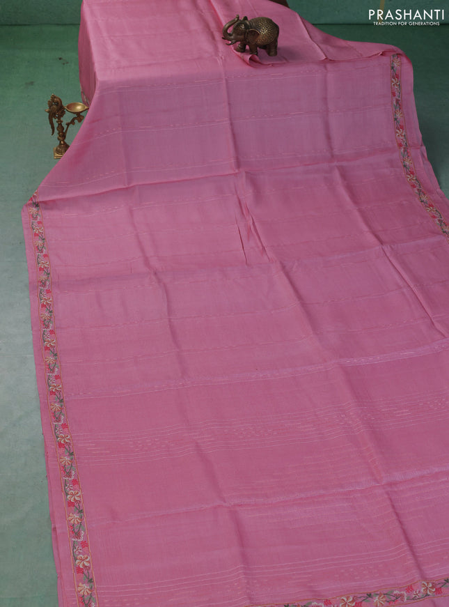 Pure tussar saree light pink with stripe pattern an d floral embroidery border