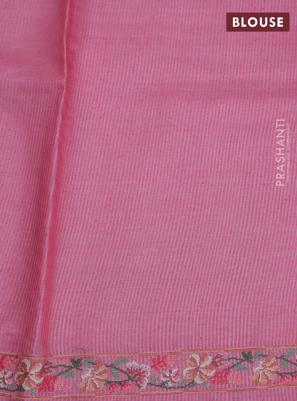 Pure tussar saree light pink with stripe pattern an d floral embroidery border