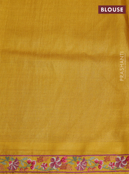 Pure tussar saree yellow with allover small zari woven checked pattern and embroidery border
