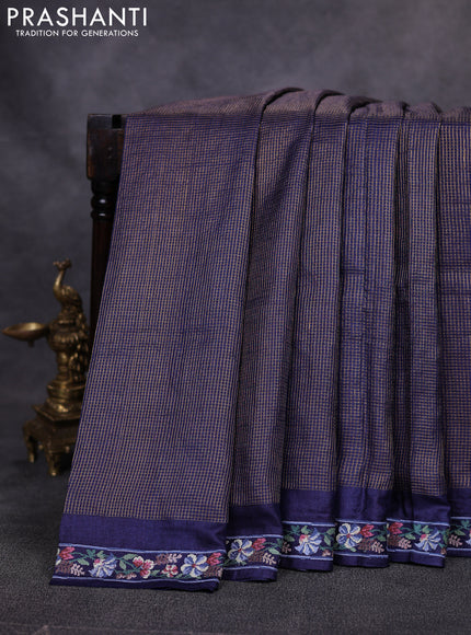 Pure tussar saree navy blue with allover small zari woven checked pattern and embroidery border