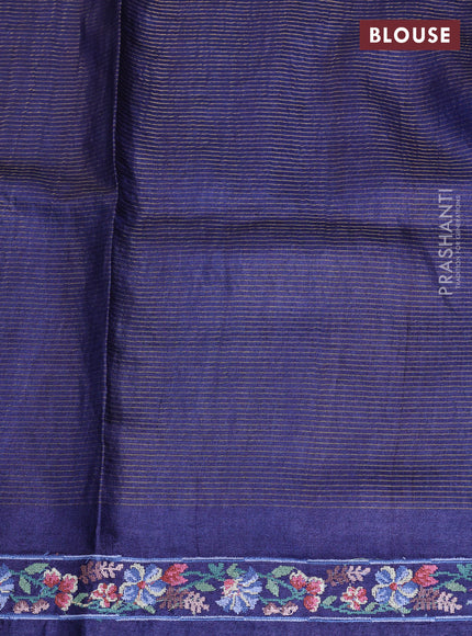 Pure tussar saree navy blue with allover small zari woven checked pattern and embroidery border