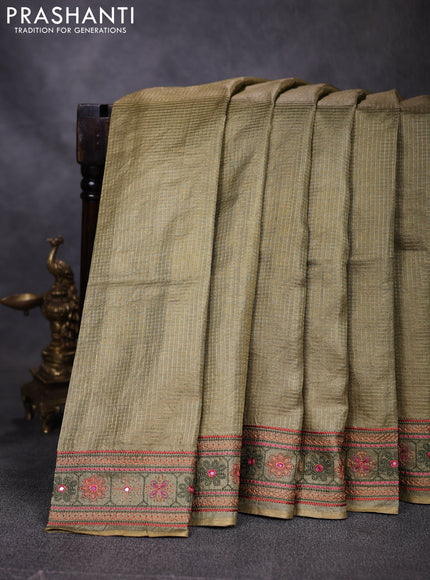 Pure tussar saree elaichi green with allover small zari woven checked pattern and embroidery border