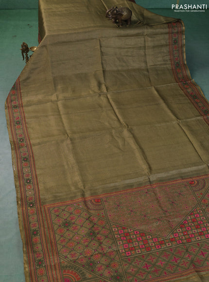 Pure tussar saree elaichi green with allover small zari woven checked pattern and embroidery border
