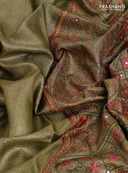 Pure tussar saree elaichi green with allover small zari woven checked pattern and embroidery border