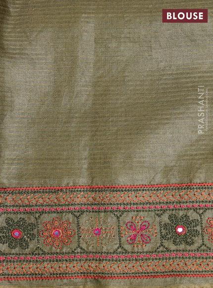 Pure tussar saree elaichi green with allover small zari woven checked pattern and embroidery border