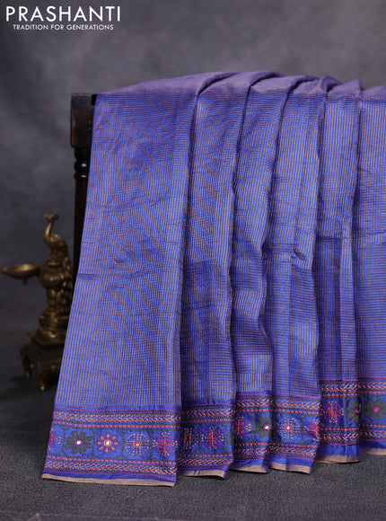 Pure tussar saree blue with allover small zari woven checked pattern and embroidery border