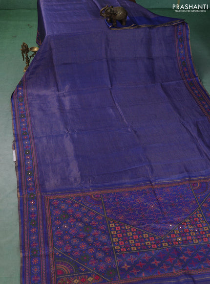 Pure tussar saree blue with allover small zari woven checked pattern and embroidery border