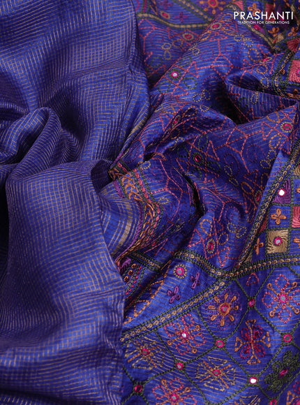 Pure tussar saree blue with allover small zari woven checked pattern and embroidery border