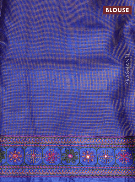 Pure tussar saree blue with allover small zari woven checked pattern and embroidery border