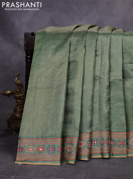 Pure tussar saree green with allover small zari woven checked pattern and embroidery border