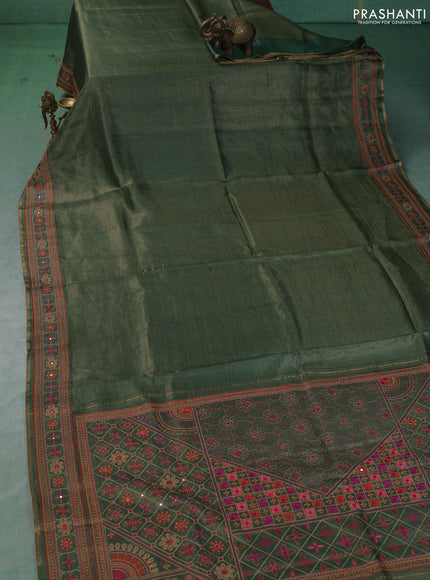 Pure tussar saree green with allover small zari woven checked pattern and embroidery border