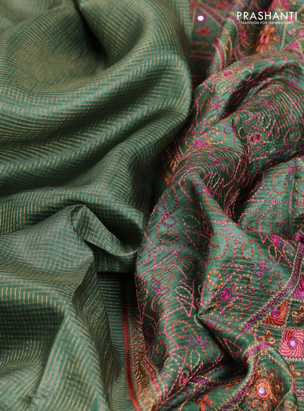 Pure tussar saree green with allover small zari woven checked pattern and embroidery border