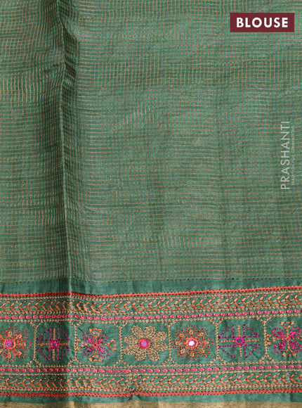 Pure tussar saree green with allover small zari woven checked pattern and embroidery border