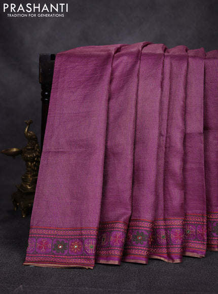 Pure tussar saree purple with allover small zari woven checked pattern and embroidery border