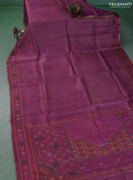 Pure tussar saree purple with allover small zari woven checked pattern and embroidery border