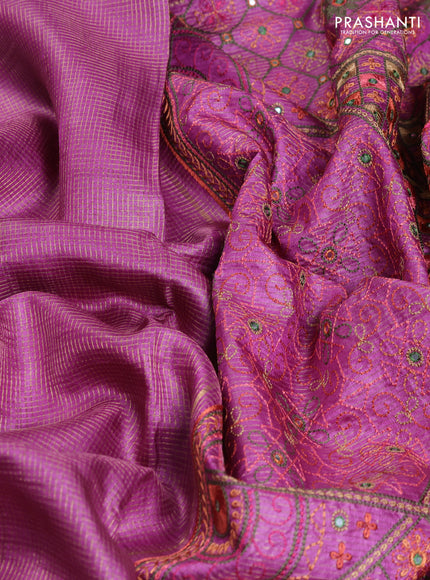 Pure tussar saree purple with allover small zari woven checked pattern and embroidery border