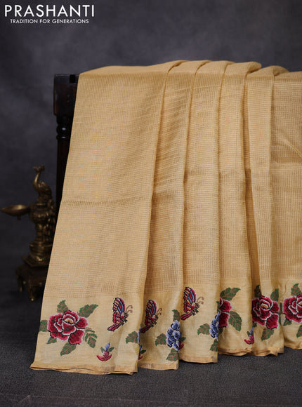 Pure tussar saree yellow with allover small zari woven checked pattern and embroidery border