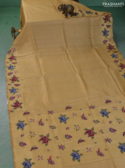 Pure tussar saree yellow with allover small zari woven checked pattern and embroidery border