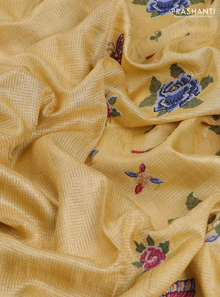 Pure tussar saree yellow with allover small zari woven checked pattern and embroidery border