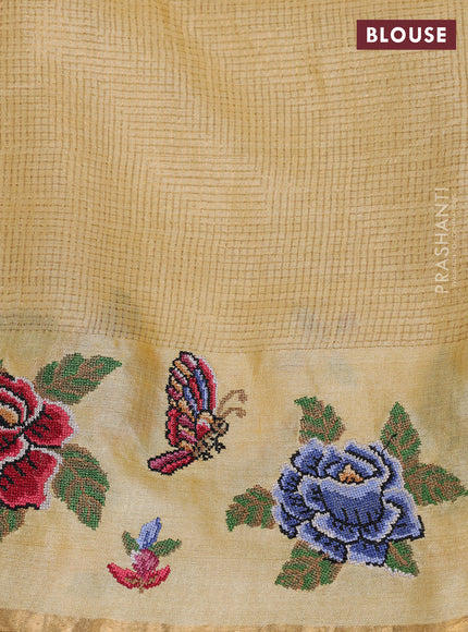 Pure tussar saree yellow with allover small zari woven checked pattern and embroidery border