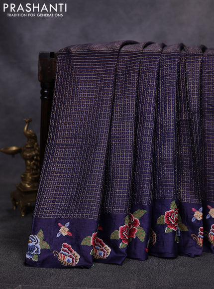 Pure tussar saree dark blue with allover zari checks & buttas and embroidery border