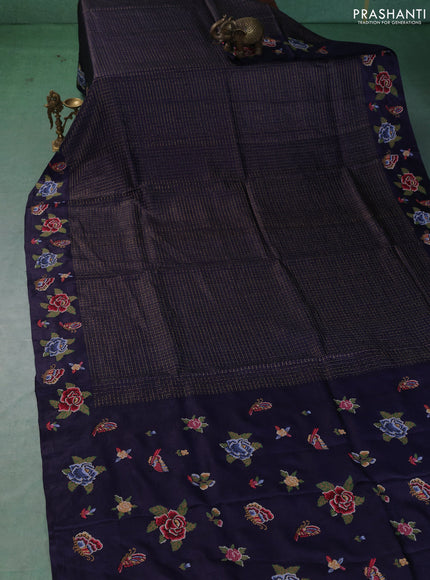 Pure tussar saree dark blue with allover zari checks & buttas and embroidery border