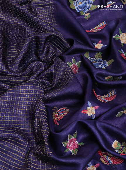 Pure tussar saree dark blue with allover zari checks & buttas and embroidery border