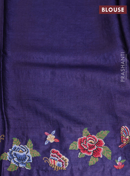 Pure tussar saree dark blue with allover zari checks & buttas and embroidery border