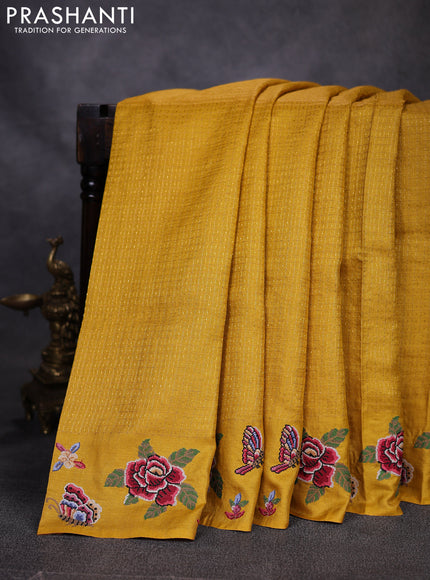 Pure tussar saree mustard yellow with allover zari checks & buttas and embroidery border