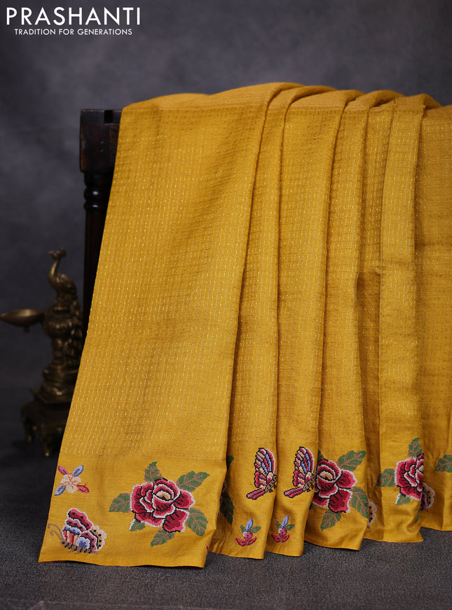 Pure tussar saree mustard yellow with allover zari checks & buttas and embroidery border