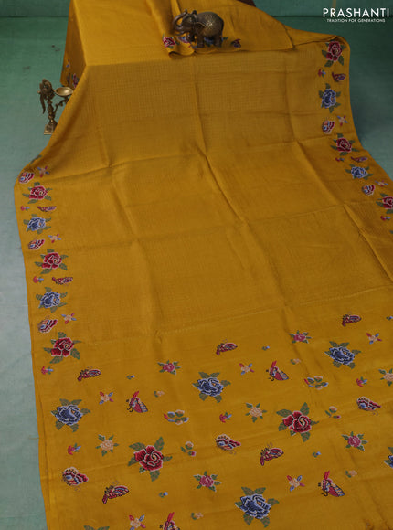 Pure tussar saree mustard yellow with allover zari checks & buttas and embroidery border