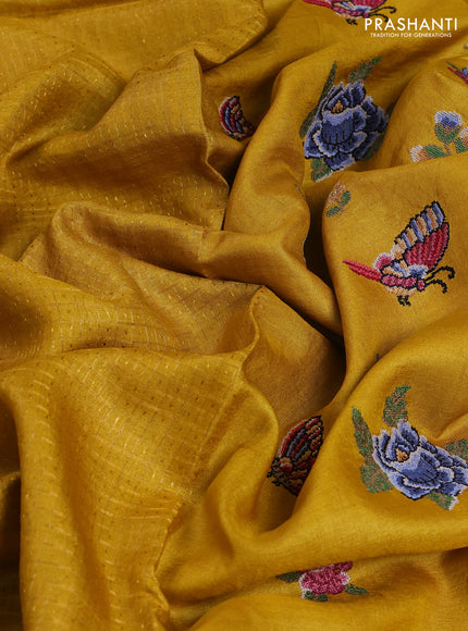 Pure tussar saree mustard yellow with allover zari checks & buttas and embroidery border