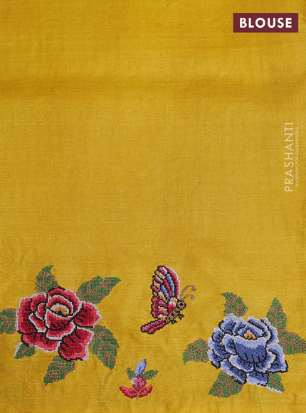 Pure tussar saree mustard yellow with allover zari checks & buttas and embroidery border