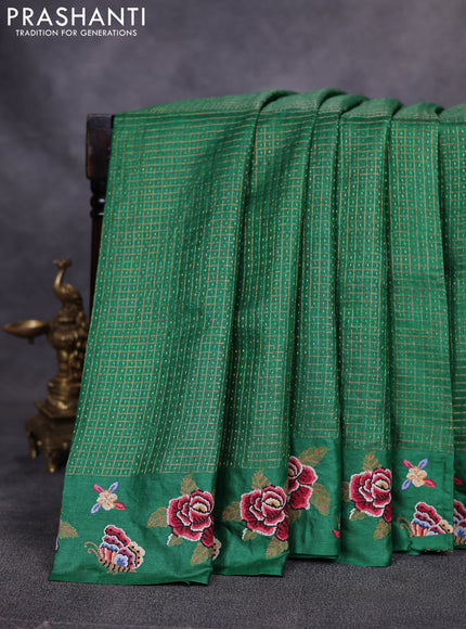 Pure tussar saree green with allover zari checks & buttas and embroidery border