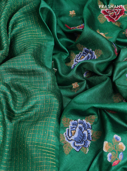 Pure tussar saree green with allover zari checks & buttas and embroidery border